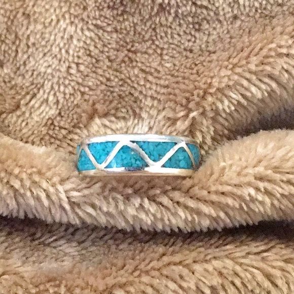 VTG Sterling Silver Southwest Crushed Turquoise Inlay Ring - Picture 8 of 13